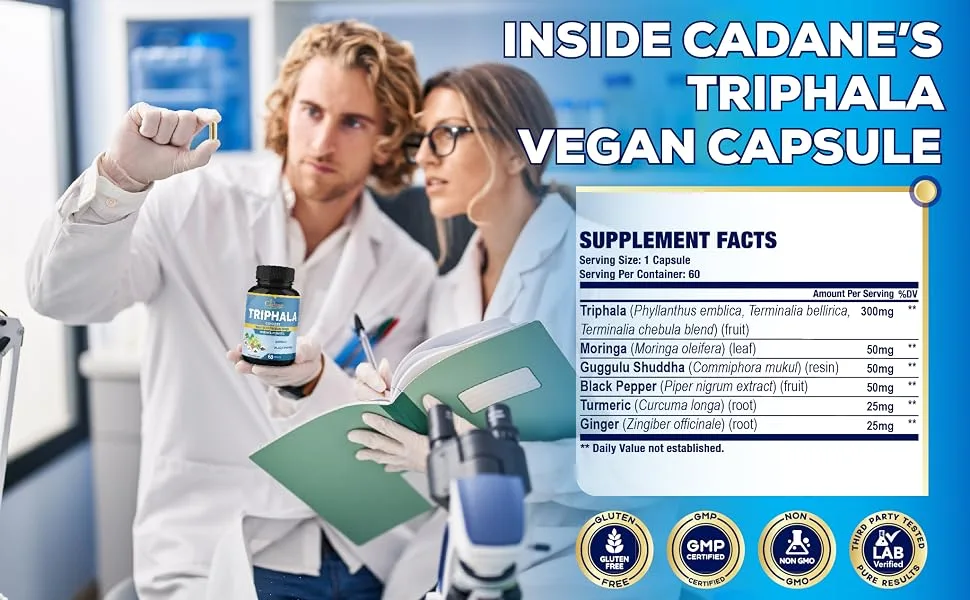 Organic Cadane Triphala Extract Capsules - 6 Premium Ingredients Complex with Turmeric Moringa Guggul Ginger and Black Pepper - 60 Caps for 2 Months Supply - 10. CADANE - TRIPHALA - 60CAPS