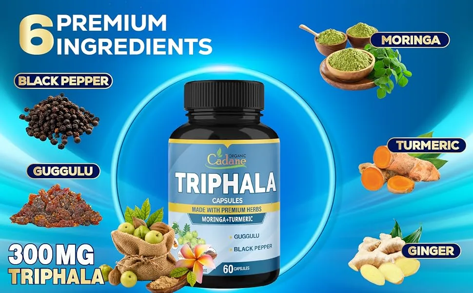 Organic Cadane Triphala Extract Capsules - 6 Premium Ingredients Complex with Turmeric Moringa Guggul Ginger and Black Pepper - 60 Caps for 2 Months Supply - 10. CADANE - TRIPHALA - 60CAPS
