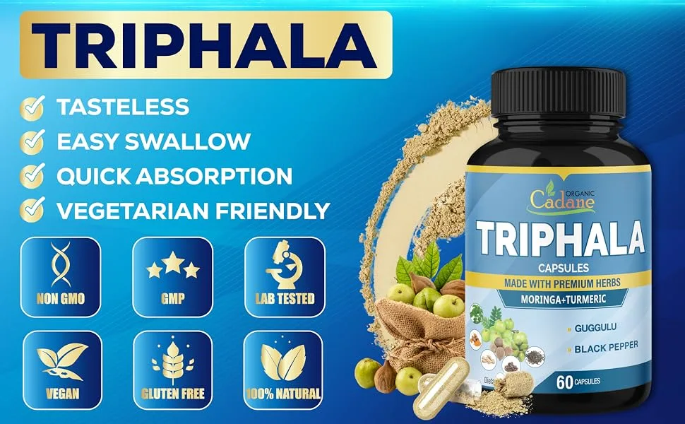 Organic Cadane Triphala Extract Capsules - 6 Premium Ingredients Complex with Turmeric Moringa Guggul Ginger and Black Pepper - 60 Caps for 2 Months Supply - 10. CADANE - TRIPHALA - 60CAPS