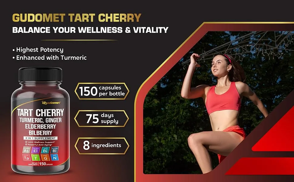 Tart Cherry Turmeric Ginger Stinging Ashwagandha Elderberry Bilberry Black Pepper -150 Capsules 150 count (pack of 1) - GUDOMET Tart Cherry Supplement