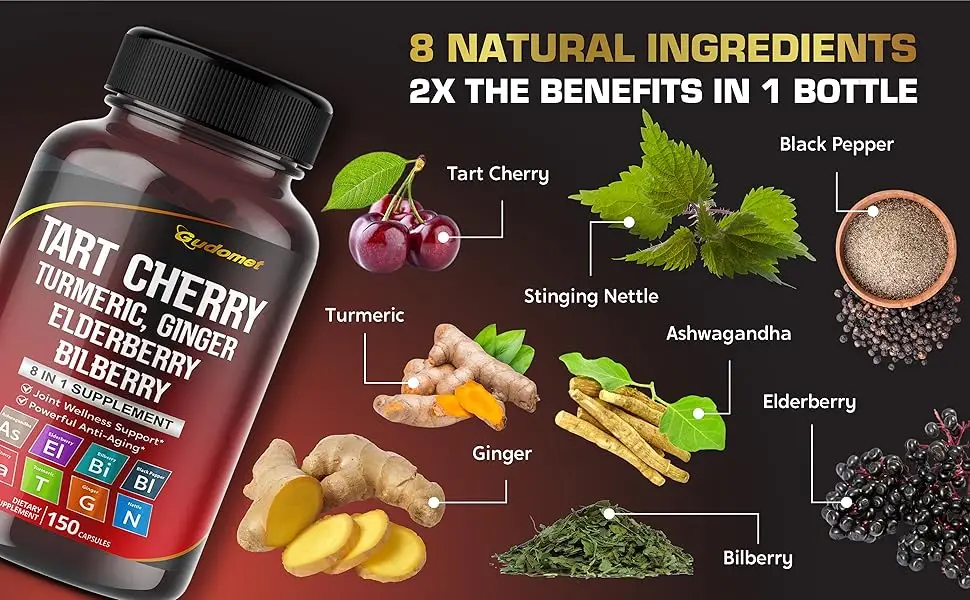 Tart Cherry Turmeric Ginger Stinging Ashwagandha Elderberry Bilberry Black Pepper -150 Capsules 150 count (pack of 1) - GUDOMET Tart Cherry Supplement