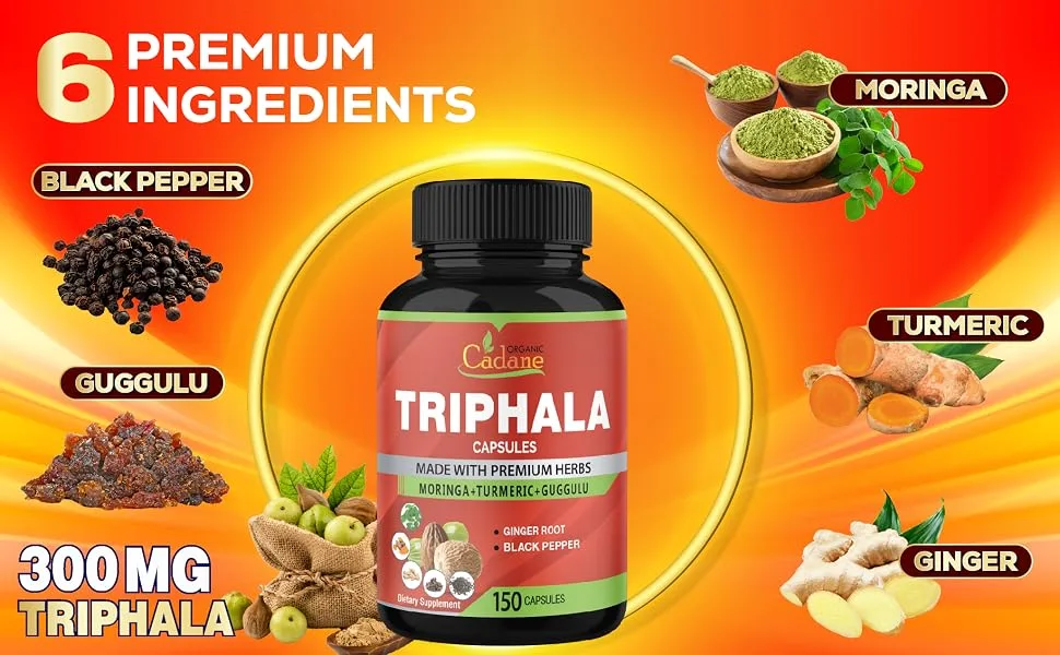 Organic Cadane Triphala Extract Capsules 5 Months Supply with Turmeric Guggulu Ginger Black Pepper Moringa - Support Digestion Health & Immune System - 150Caps - 12. CADANE - TRIPHALA - 150CAPS
