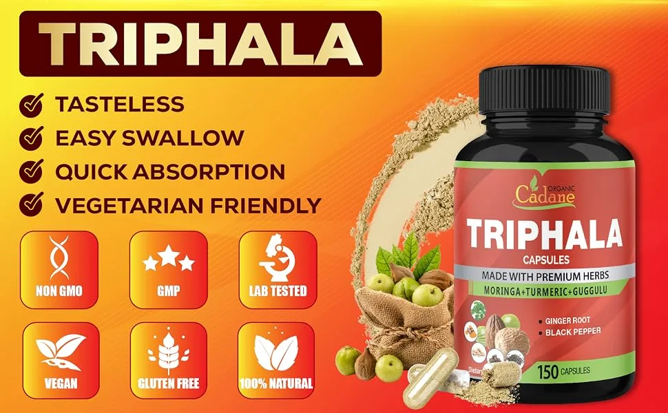 Organic Cadane Triphala Extract Capsules 5 Months Supply with Turmeric Guggulu Ginger Black Pepper Moringa - Support Digestion Health & Immune System - 150Caps - 12. CADANE - TRIPHALA - 150CAPS