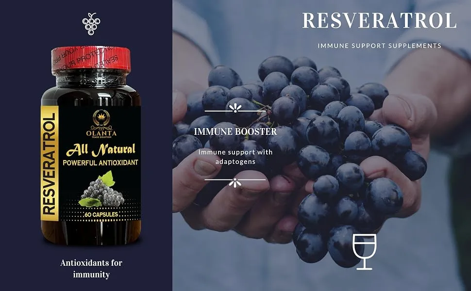 OLANTA TRADE SOLUTION Resveratrol Extract Supplement Antioxidant Support Anti-Aging Formula 60 Capsules - Immune support capsules