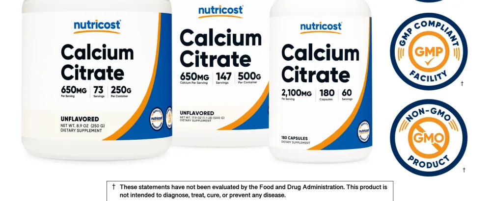 Nutricost Calcium Citrate (2 100mg) 180 Vegan Capsules - GMO-Free Gluten-Free 60 Servings - Calcium Citrate