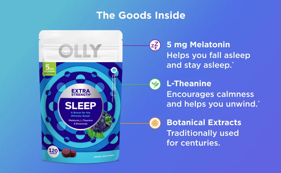 OLLY Extra Strength (5mg) & Regular Strength (3mg) Melatonin Sleep Gummies with L-Theanine 120 Count BlackBerry Flavor - product information 2