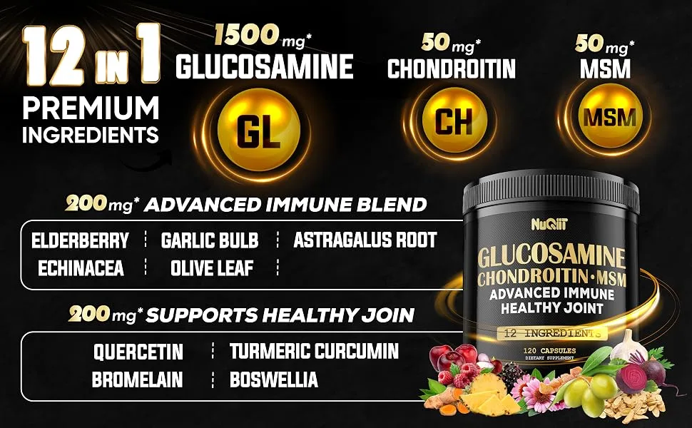 Glucosamine Chondroitin MSM with Immune & Joint Support Supplement 2000mg - Turmeric Curcumin Root Boswellia Elderberry Echinacea & More - 120 Capsules - Bone Health Flexibility & Strength Support - Glucosamine (4/120 Caps)