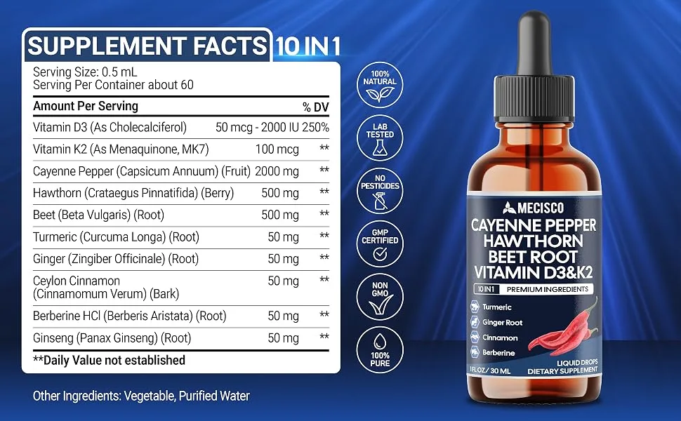 Cayenne Pepper Liquid Drops with Vitamin D3 Vitamin K2 Hawthorn Berry Beet Root Ginger Ceylon Cinnamon Turmeric Berberine - Digestion Support - 30ml - 60 Day Supply - M121. Cayenne-Liq_10in1_30ml_3250mg