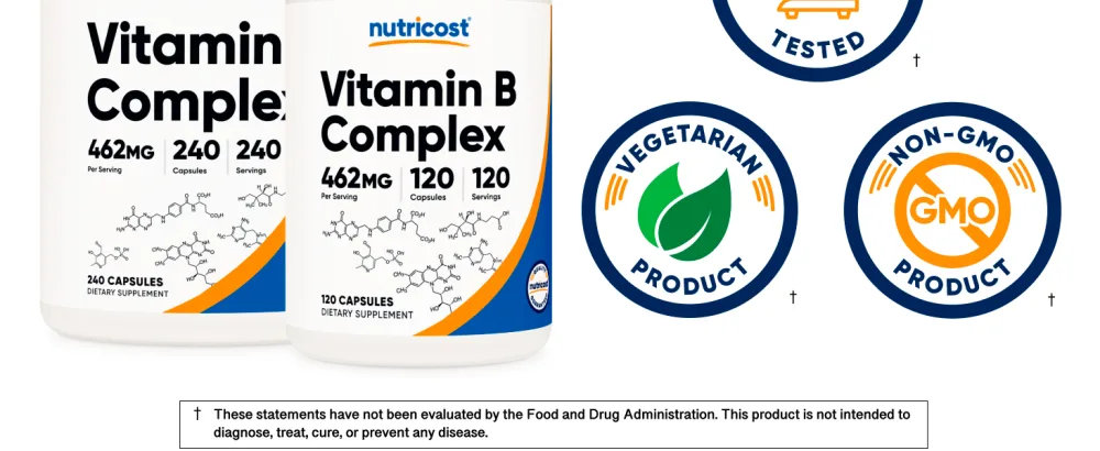 Nutricost High Potency Vitamin B Complex 462mg 120 Capsules - with Vitamin C - Energy Complex 120 Count (Pack of 1) - Vitamin B Complex
