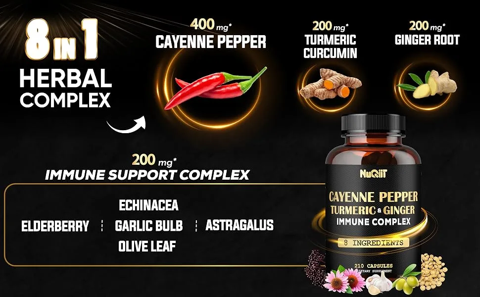 210 Pills - Cayenne Pepper Capsules Organic with Turmeric Ginger Immune Support Complex as Elderberry Echinacea Garlic Bulb - Digestion Heart Health & Body Management - Cayenne Pepper (2/210Caps)