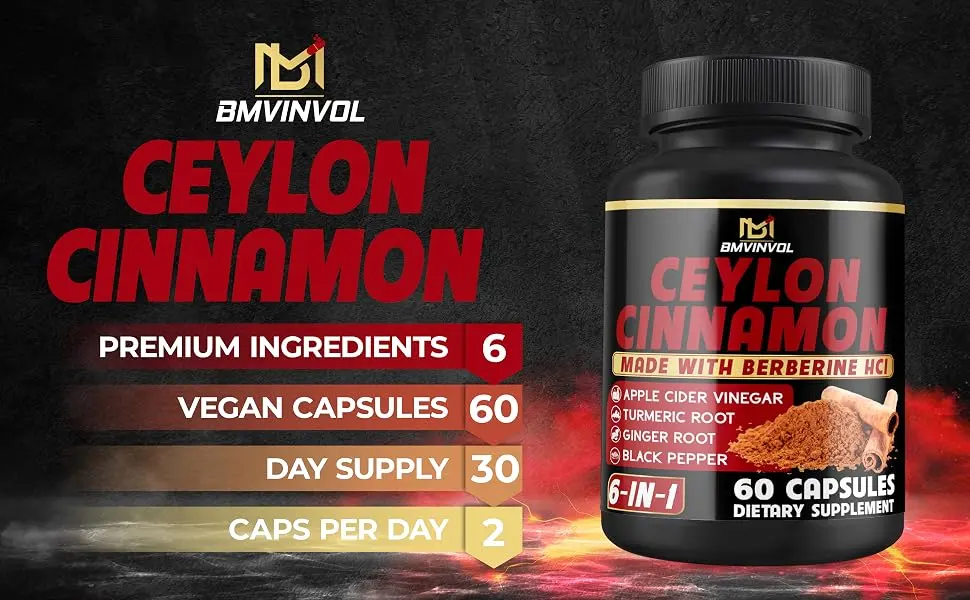 Ceylon Cinnamon Capsules with Berberine HCl Apple Cider Vinegar Turmeric Ginseng Black Pepper - 6in1 for Support Immune Function - 60 Count 60 Count (Pack of 1) - B0D3THVT6W