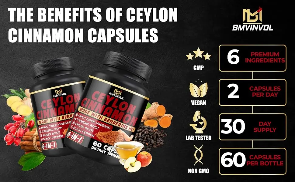 Ceylon Cinnamon Capsules with Berberine HCl Apple Cider Vinegar Turmeric Ginseng Black Pepper - 6in1 for Support Immune Function - 60 Count 60 Count (Pack of 1) - B0D3THVT6W