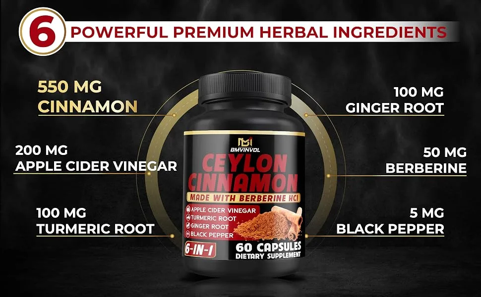 Ceylon Cinnamon Capsules with Berberine HCl Apple Cider Vinegar Turmeric Ginseng Black Pepper - 6in1 for Support Immune Function - 60 Count 60 Count (Pack of 1) - B0D3THVT6W
