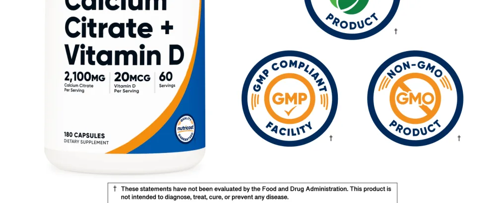 Nutricost Calcium Citrate + Vitamin D Supplement (2 100mg) 180 Capsules - 20mcg of Vitamin D 60 Servings - Calcium Citrate + Vitamin D