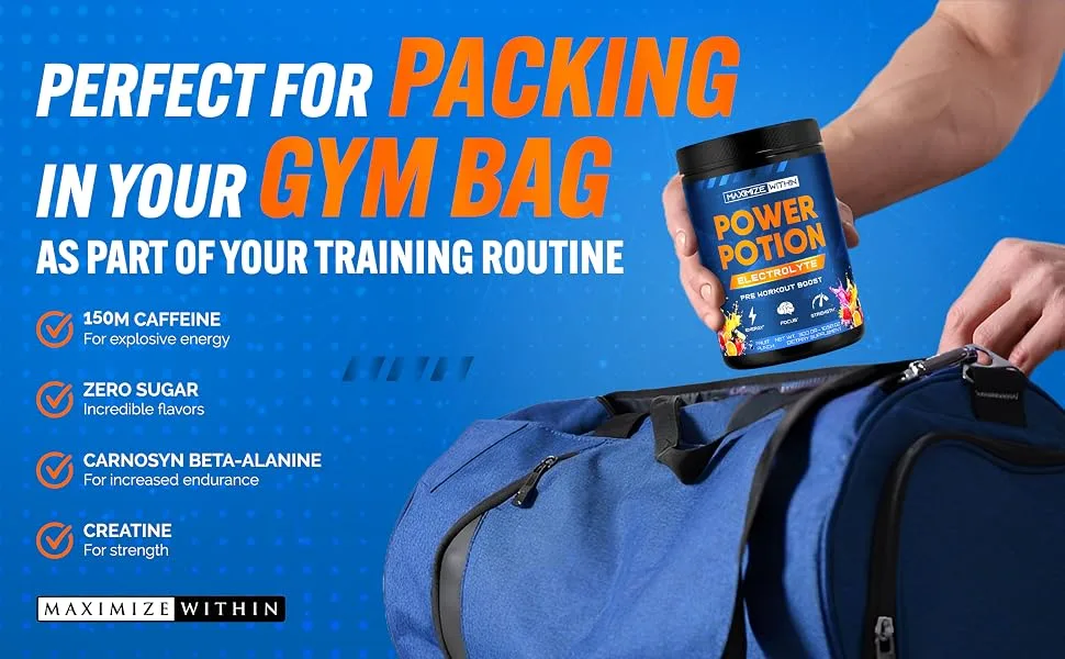 Maximize Within Power Potion Electrolyte Pre-Workout Boost with Creatine for Performance Beta Alanine for Muscle L-Citrulline for Pump Fruit Punch 10.58 oz - packing gym bag training routine zero sugar creatine