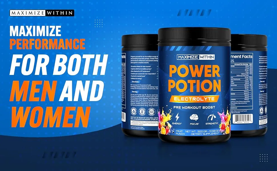 Maximize Within Power Potion Electrolyte Pre-Workout Boost with Creatine for Performance Beta Alanine for Muscle L-Citrulline for Pump Fruit Punch 10.58 oz - Performance for both Men and women