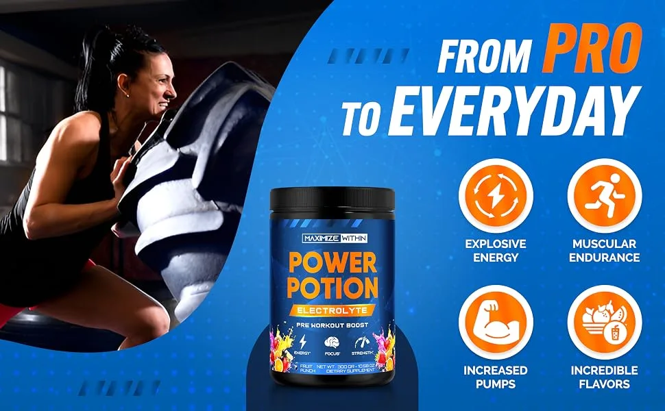 Maximize Within Power Potion Electrolyte Pre-Workout Boost with Creatine for Performance Beta Alanine for Muscle L-Citrulline for Pump Fruit Punch 10.58 oz - pro to everyday explosive energy muscular endurance increased pums incredible flavors