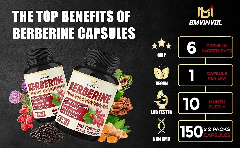 2 Pack Berberine HCl- Plus Ceylon Cinnamon Turmeric Milk Thistle Artichoke Black Pepper Berberine HCI Root Supplements Pills - Immune System - berberine supplement