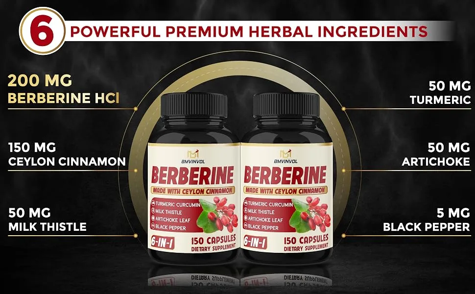 2 Pack Berberine HCl- Plus Ceylon Cinnamon Turmeric Milk Thistle Artichoke Black Pepper Berberine HCI Root Supplements Pills - Immune System - berberine supplement