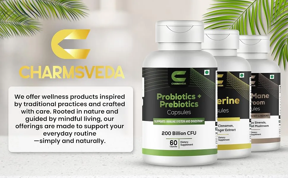 CHARMSVEDA Probiotics + Prebiotics Capsules Support Digestive & Gut Health Overall Wellness & Immune Support* 200 Billion CFU 60 Vegan Capsules - Probiotics + Prebiotics Capsules