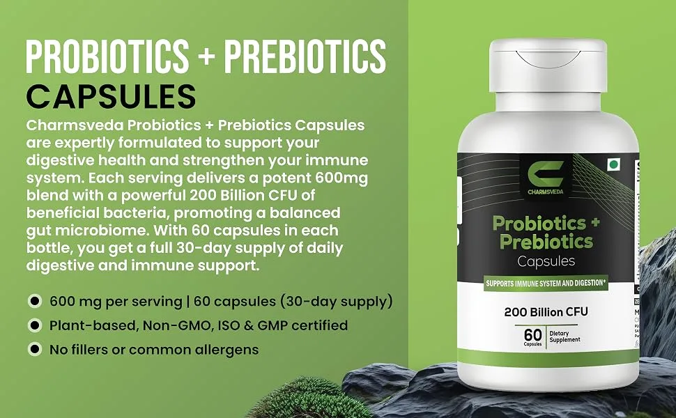 CHARMSVEDA Probiotics + Prebiotics Capsules Support Digestive & Gut Health Overall Wellness & Immune Support* 200 Billion CFU 60 Vegan Capsules - Probiotics + Prebiotics Capsules