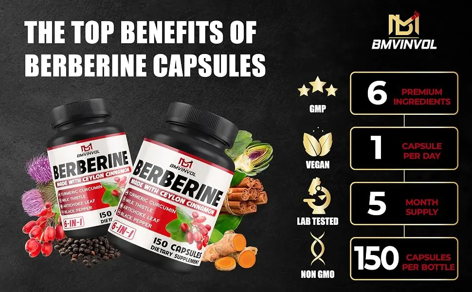 Berberine HCl 150 Capsules - Plus Ceylon Cinnamon Turmeric Milk Thistle Artichoke Black Pepper Berberine HCI Root Supplements Pills - Immune System - berberine capsules