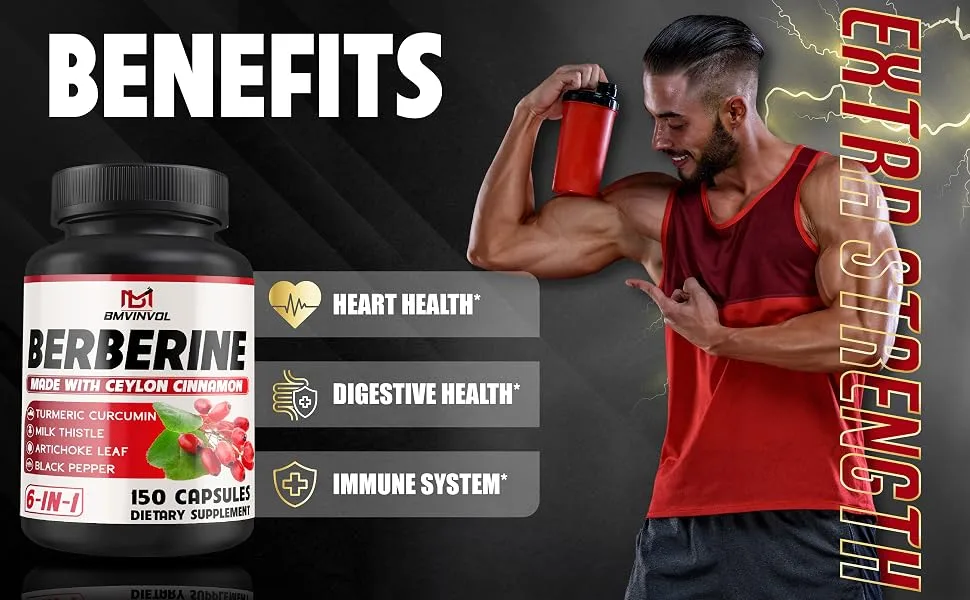 Berberine HCl 150 Capsules - Plus Ceylon Cinnamon Turmeric Milk Thistle Artichoke Black Pepper Berberine HCI Root Supplements Pills - Immune System - berberine supplement