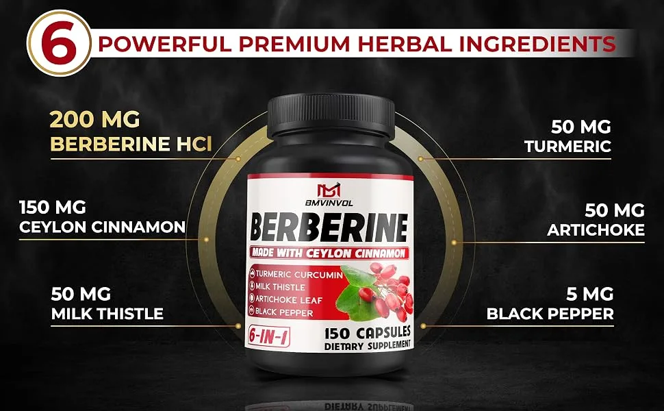 Berberine HCl 150 Capsules - Plus Ceylon Cinnamon Turmeric Milk Thistle Artichoke Black Pepper Berberine HCI Root Supplements Pills - Immune System - berberine supplement