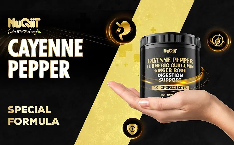Cayenne Pepper Capsules with Turmeric Curcumin Root Ginger Root Berberine HCl & More - Support Immune System Digestion Joint Health & Heart Health - 150 Capsules - Nu47.1 Nuqiit - Cayenne - Digestion-1000mg-150Caps