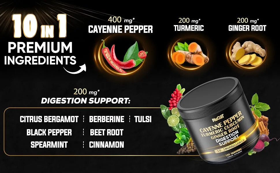 Cayenne Pepper Capsules with Turmeric Curcumin Root Ginger Root Berberine HCl & More - Support Immune System Digestion Joint Health & Heart Health - 150 Capsules - Nu47.1 Nuqiit - Cayenne - Digestion-1000mg-150Caps