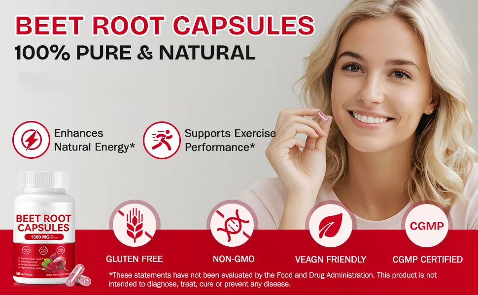 Beet Root Capsules Organic Beetroot Capsules 60 Count Beetroot Supplement for Natural Energy Support Non-GMO Gluten Free 30-Day Supply - beet root