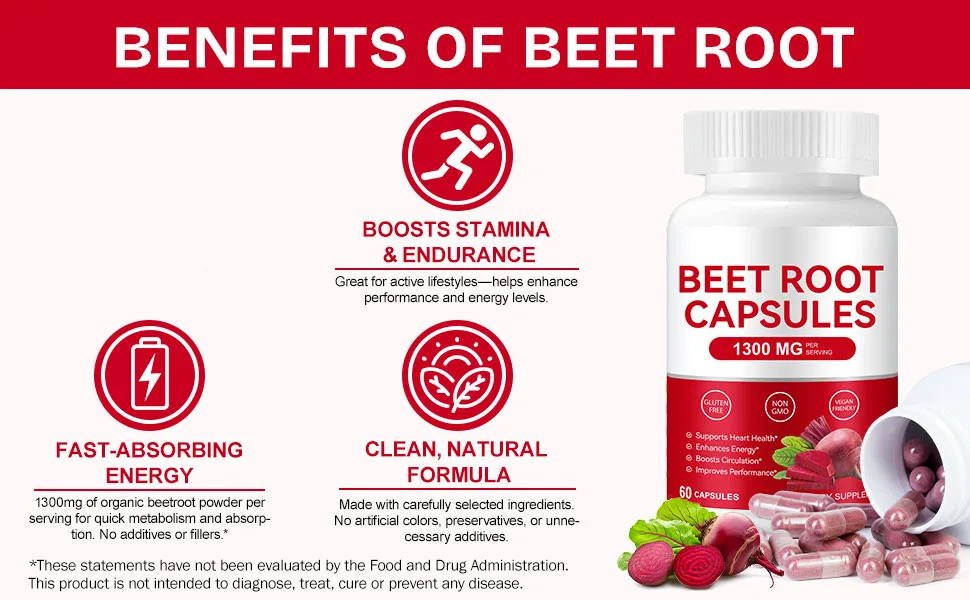Beet Root Capsules Organic Beetroot Capsules 60 Count Beetroot Supplement for Natural Energy Support Non-GMO Gluten Free 30-Day Supply - Beet Root Capsules, 60 Count Beetroot Supplement