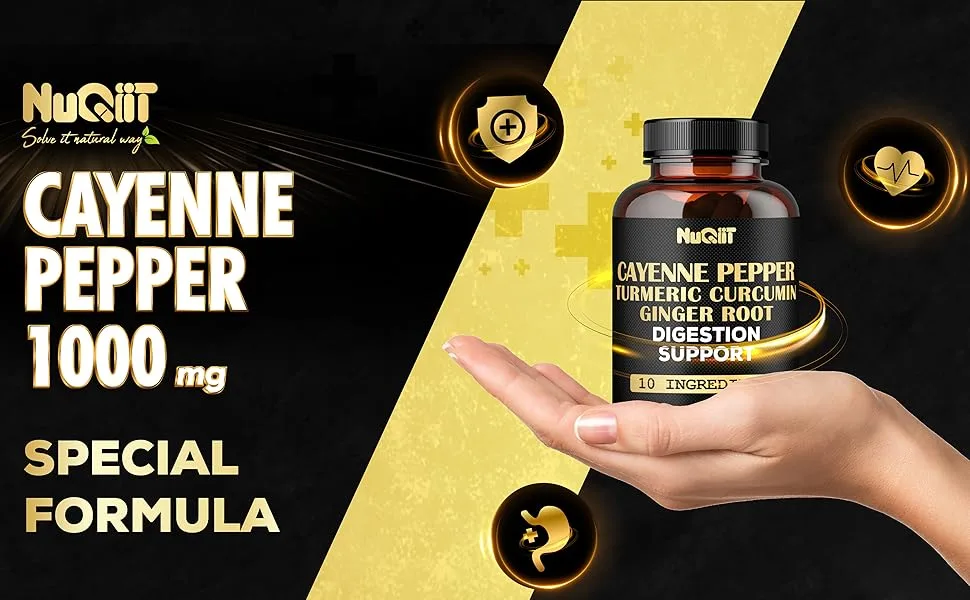 Cayenne Pepper Supplement with Turmeric Curcumin Root Ginger Root Ceylon Cinnamon Bark & More - Immune System Joint Health & Digestive Health Support - 210 Capsules - Nu47.2. Nuqiit - Cayenne - Digestion - 1000mg - 210 caps