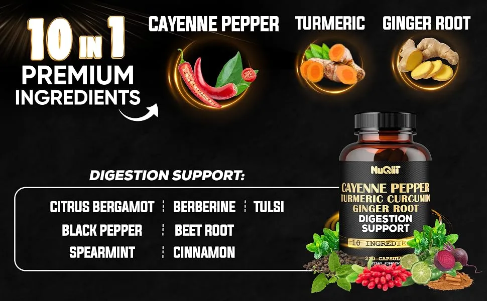 Cayenne Pepper Supplement with Turmeric Curcumin Root Ginger Root Ceylon Cinnamon Bark & More - Immune System Joint Health & Digestive Health Support - 210 Capsules - Nu47.2. Nuqiit - Cayenne - Digestion - 1000mg - 210 caps
