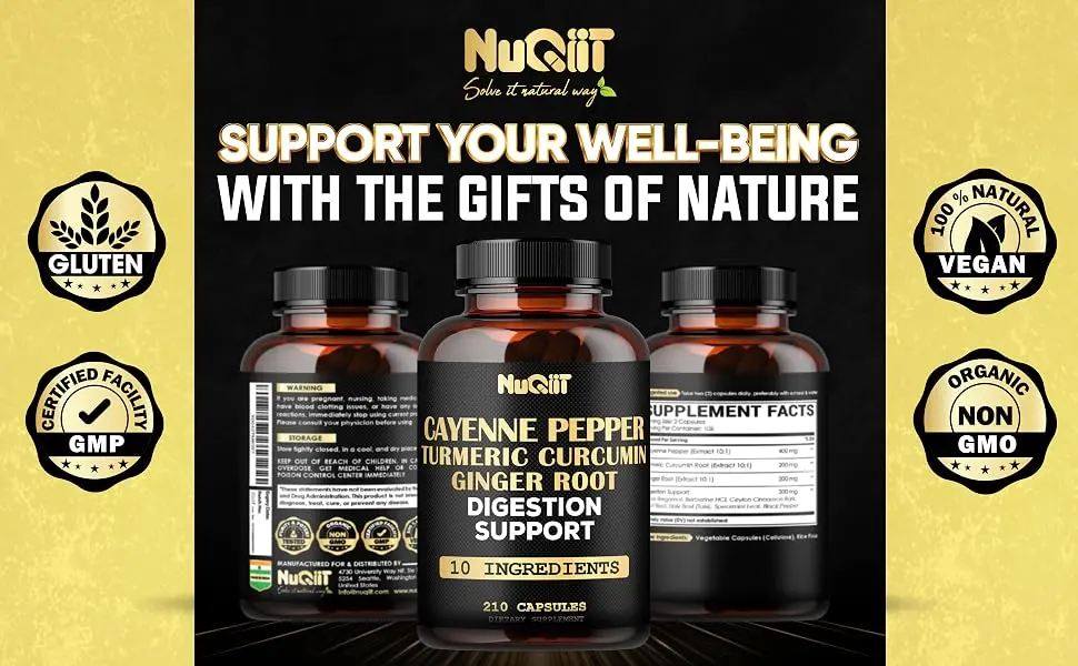 Cayenne Pepper Supplement with Turmeric Curcumin Root Ginger Root Ceylon Cinnamon Bark & More - Immune System Joint Health & Digestive Health Support - 210 Capsules - Nu47.2. Nuqiit - Cayenne - Digestion - 1000mg - 210 caps