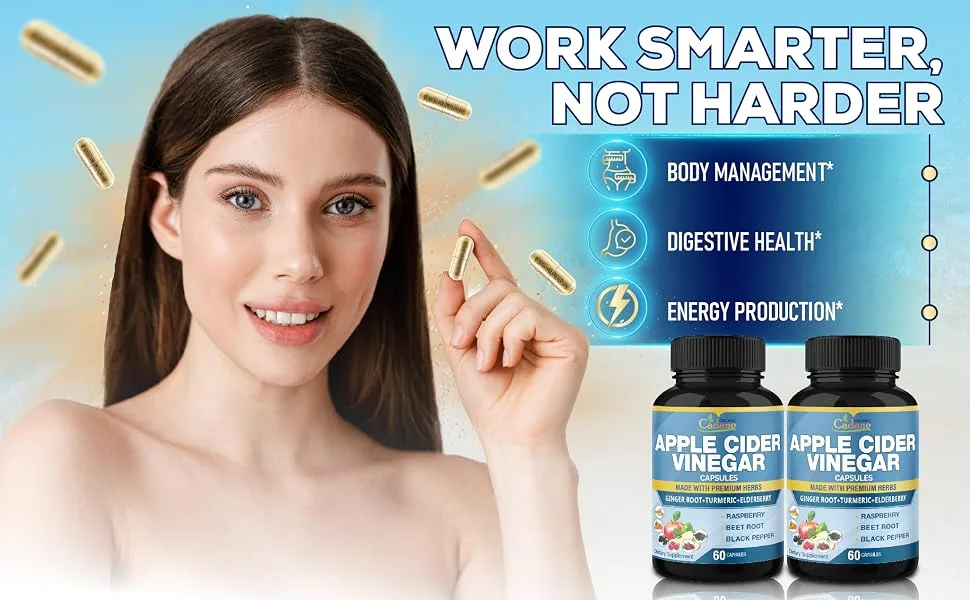 Organic Cadane 2 Packs Apple Cider Vinegar Extract Capsules 4 Months Supply & Ginger Turmeric Curcumin Elderberry Raspberry Beet Root Pepper | Immune System Digestion Supports - 19. CADANE - APPLE CIDER - 2P 60CAPS19. CADANE - APPLE CIDER - 2P 60CAPS