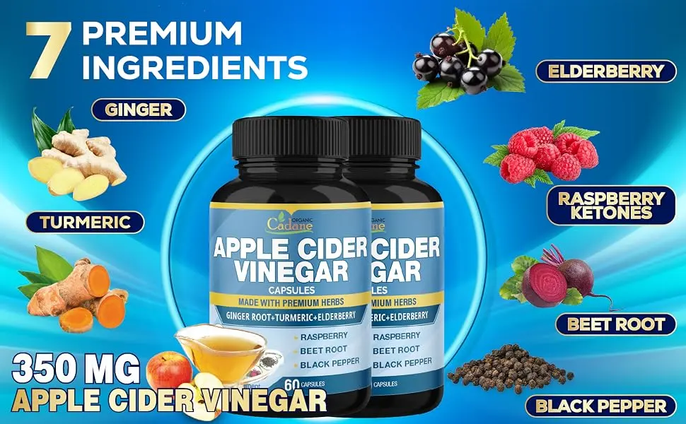 Organic Cadane 2 Packs Apple Cider Vinegar Extract Capsules 4 Months Supply & Ginger Turmeric Curcumin Elderberry Raspberry Beet Root Pepper | Immune System Digestion Supports - 19. CADANE - APPLE CIDER - 2P 60CAPS19. CADANE - APPLE CIDER - 2P 60CAPS