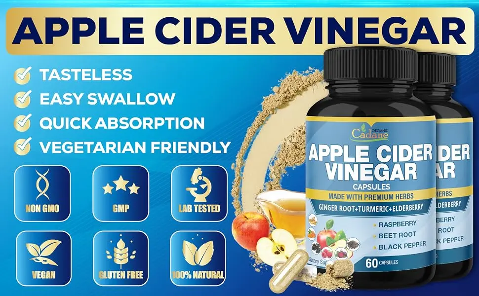 Organic Cadane 2 Packs Apple Cider Vinegar Extract Capsules 4 Months Supply & Ginger Turmeric Curcumin Elderberry Raspberry Beet Root Pepper | Immune System Digestion Supports - 19. CADANE - APPLE CIDER - 2P 60CAPS19. CADANE - APPLE CIDER - 2P 60CAPS