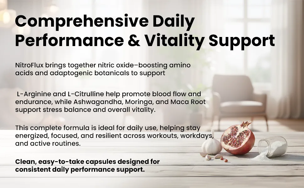 Mars NitroFlux: A Natural Nitric Oxide Booster for Performance Energy & Circulation 1 Count (Pack of 1) - Text reads 'Comprehensive Daily' and 'Performance & Vitality Support'. Product advertisement showing supplement capsules and pomegranate imagery, highlighting daily use and vitality benefits.