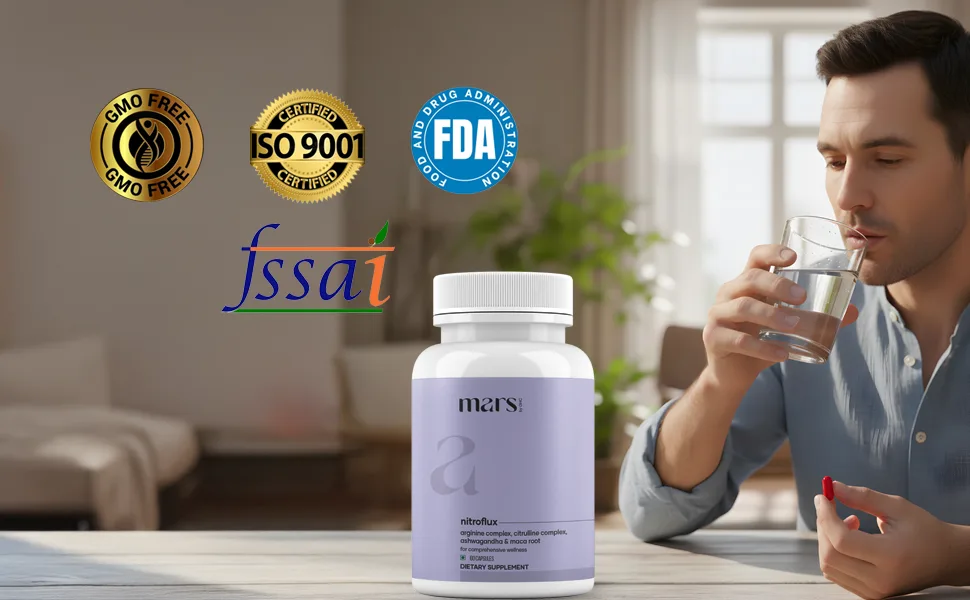 Mars NitroFlux: A Natural Nitric Oxide Booster for Performance Energy & Circulation 1 Count (Pack of 1) - Text reads 'fss9.1'. Multiple images showing person working at desk with small electronic device and certification icons visible.