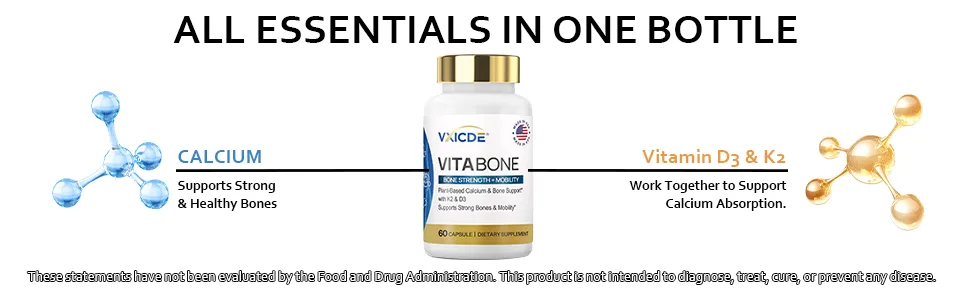 VitaBone Plant-Based Calcium with Vitamin D3 & K2 Supports Strong Bones & Mobility Vegan Non-GMO Gluten-Free Supplement 60 Capsules - 960-4