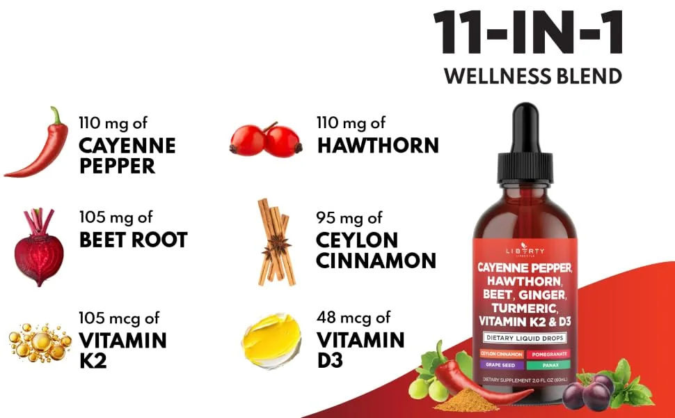 Cayenne Pepper Supplement Liquid Drops + Hawthorn Berry Vitamin D3 K2 Beet Root Powder Ceylon Cinnamon Turmeric Curcumin Organic Panax Ginseng - 4oz 2 Fl Oz (Pack of 2) - Cayenne Pepper, Hawthorn, Beet, Ginger, Turmeric, Vitamin K2 + D3
