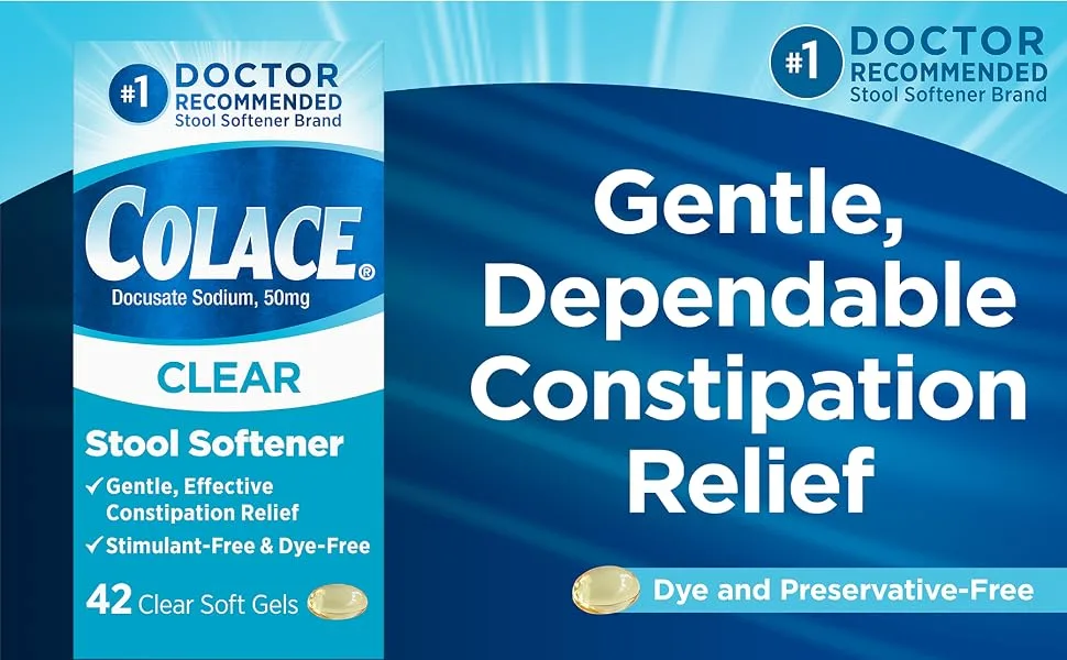 Colace Clear Stool Softener Soft Gel Capsules Constipation Relief Doctor Recommended Brand 50mg Docusate Sodium 42ct and 28ct Bundle - product information 1