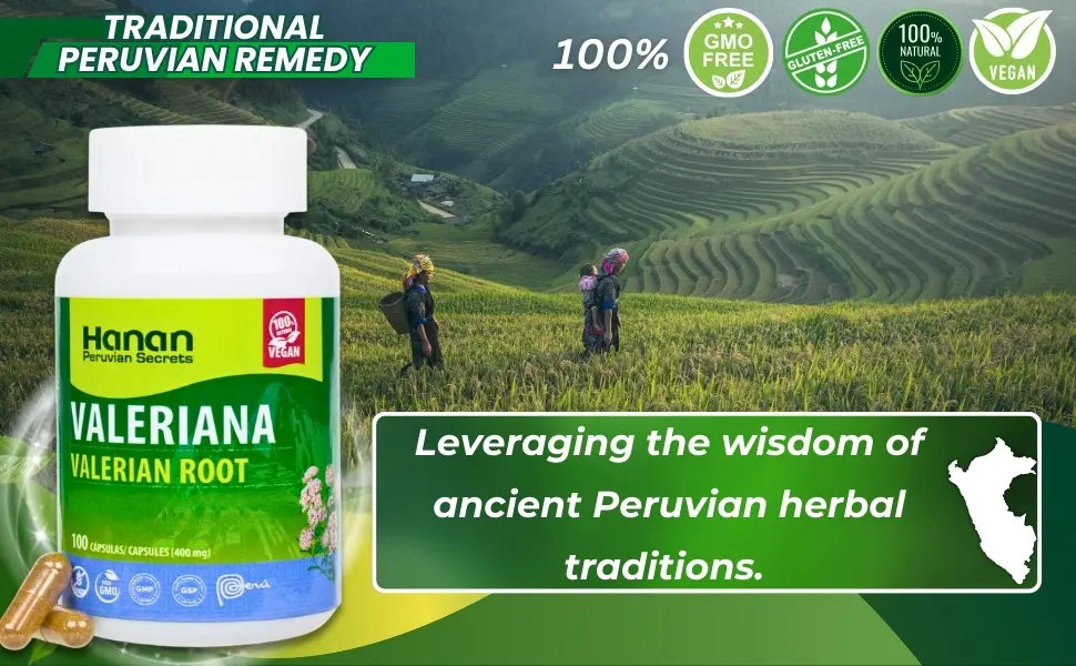 Hanan Peruvian Secrets Valerian Root Capsules (100ct) - Pure Valeriana Te de Valeriana Herbal Calming Night Relaxation Wellness Support Tea Supplement from Peru - leaf teabags natural herbio herbario suplemento hoja bolsitas té filtrado fresco orgánico