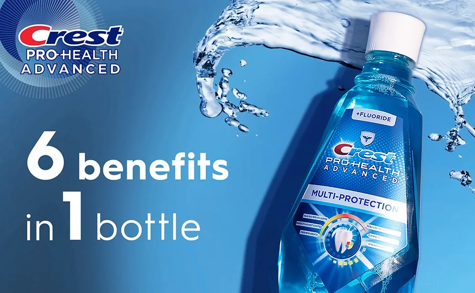 Crest Pro-Health Advanced Mouthwash Alcohol Free Multi-Protection Fresh Mint 1 L (33.8 fl oz) Pack of 2 Blue - 6 Benefits in 1 bottle.