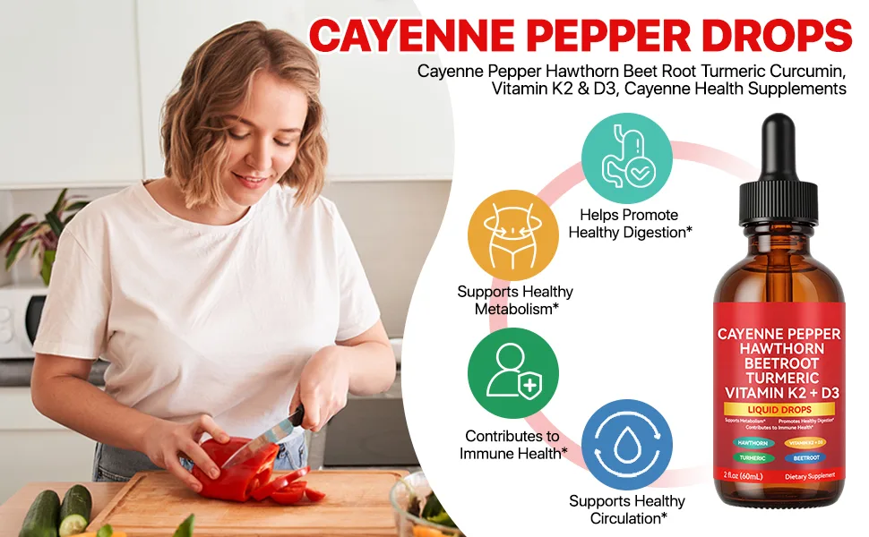 Cayenne Pepper Drops 60ml Cayenne Pepper Hawthorn Beet Root Turmeric Curcumin Vitamin K2 & D3 Gentle Formula Vegan-Friendly Easily Absorbed - CAYENNE PEPPER DROPS
