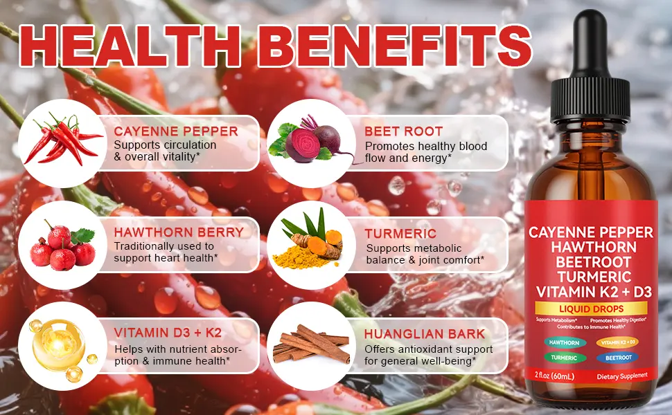 Cayenne Pepper Drops 60ml Cayenne Pepper Hawthorn Beet Root Turmeric Curcumin Vitamin K2 & D3 Gentle Formula Vegan-Friendly Easily Absorbed - Cayenne Pepper Drops, 60ml Cayenne Pepper Supplement Hawthorn Beet Root, Vitamin K2 &amp;amp; D3