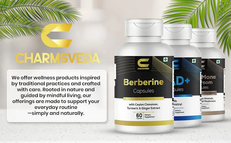 CHARMSVEDA Berberine Capsules Ceylon Cinnamon Turmeric Ginger Gymnema & Ashwagandha 60 Vegan Capsules - Berberine