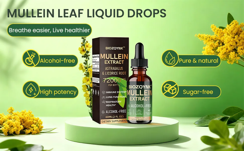 BIOZQYNK Mullein Drops Lung Cleanse - Leaf Extract - Powerful Mullein for Immune Support Detox & Respiratory Support- Lung Cleanse for Smokers Vegan Alcohol-Free (2 fl oz) - product information 1