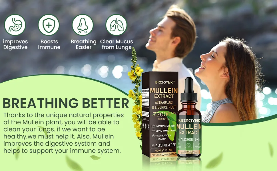 BIOZQYNK Mullein Drops Lung Cleanse - Leaf Extract - Powerful Mullein for Immune Support Detox & Respiratory Support- Lung Cleanse for Smokers Vegan Alcohol-Free (2 fl oz) - product information 2
